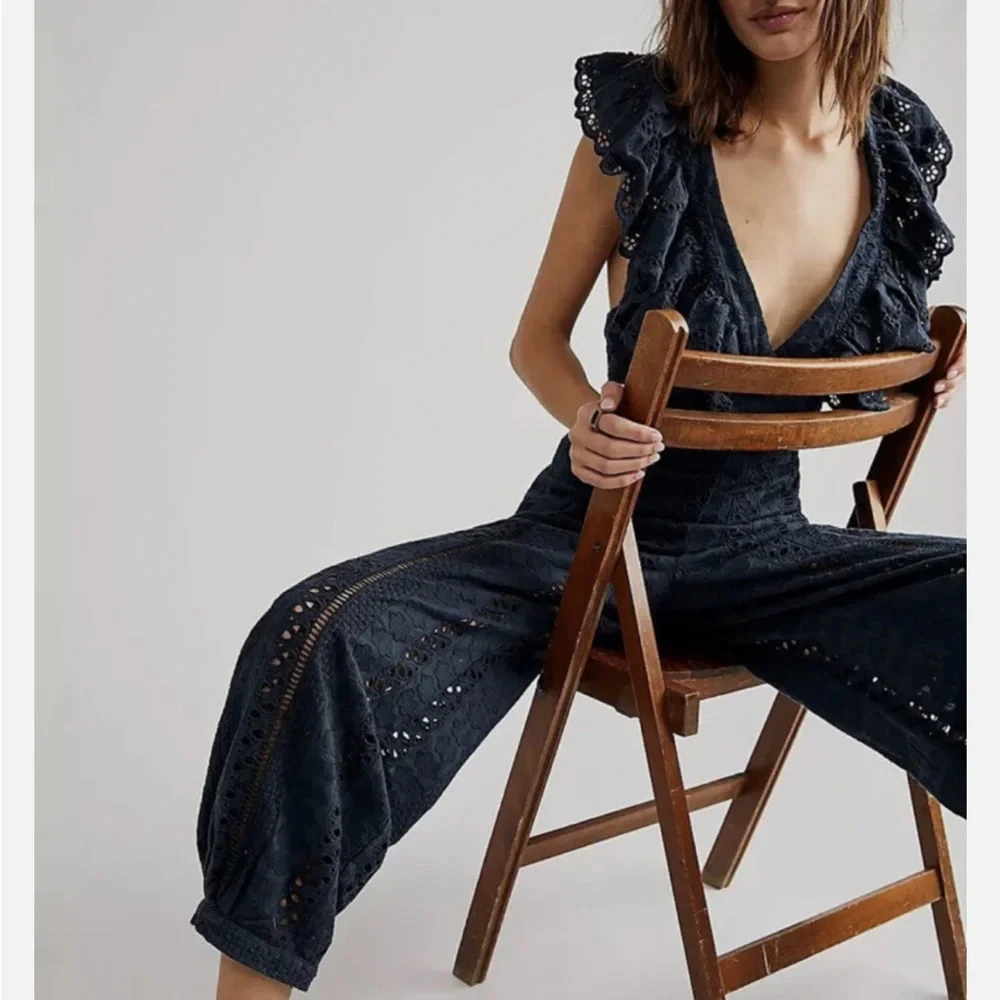 Free People Mikayla Ruffled V-Neck Jumpsuit in Midnight - Picture 2 of 13